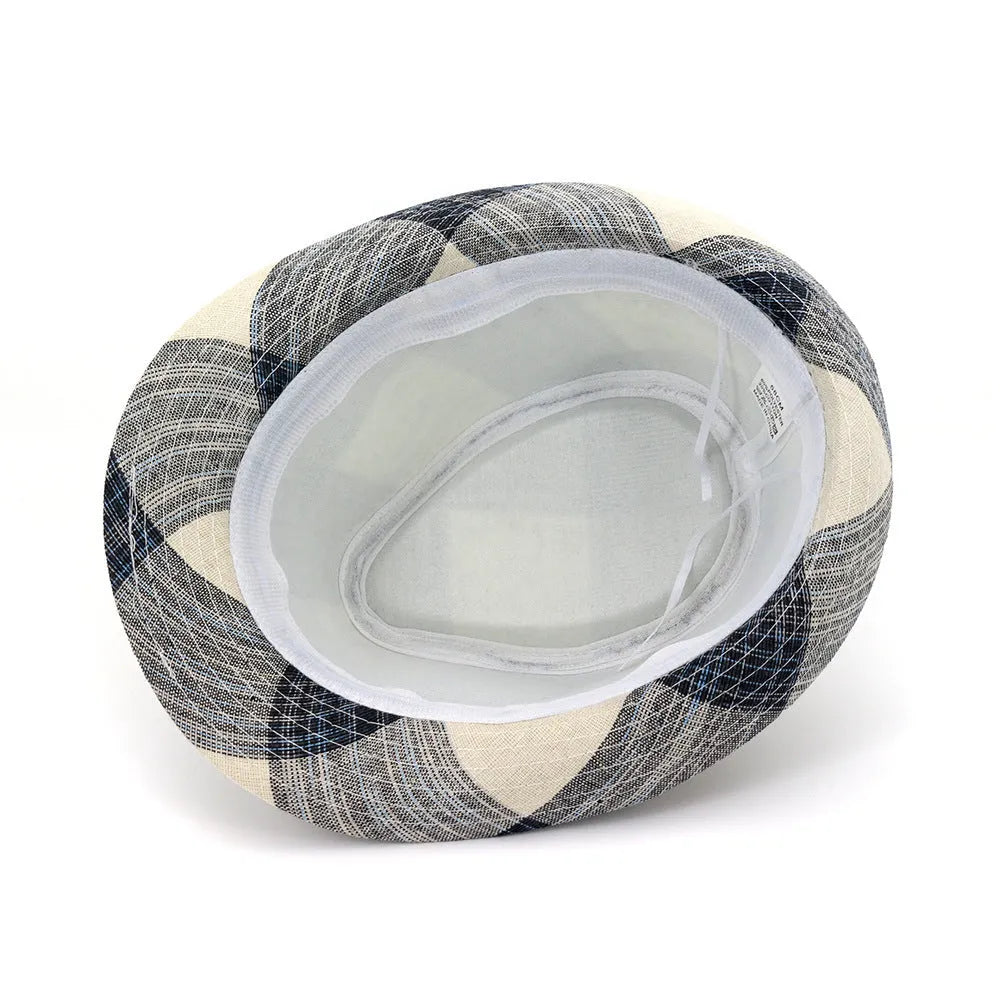 Blue bell-crown sun hat with a flat 4.5cm brim on a neutral background
