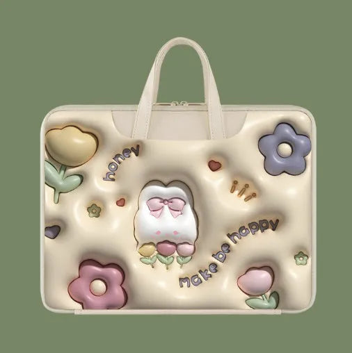 Inflatable laptop bag with strap hanging from suitcase handle, PU leather interior.