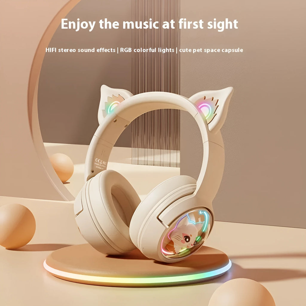 Wireless Bluetooth headset in pink with noise reduction, breathing light, and PC ABS build