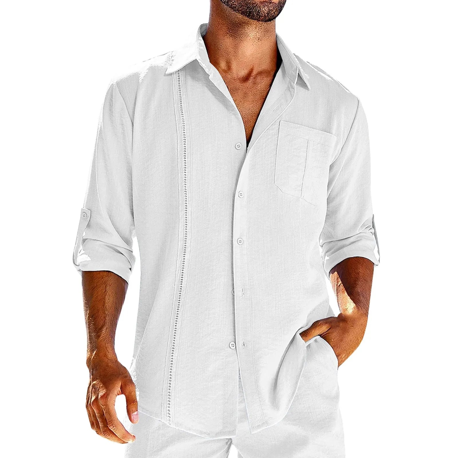 Men's grey long sleeve button-up shirt with lace detail on collar and a chest pocket.