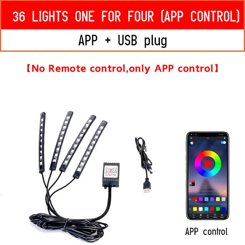Car interior atmosphere lighting strips with voice control and multiple colour modes