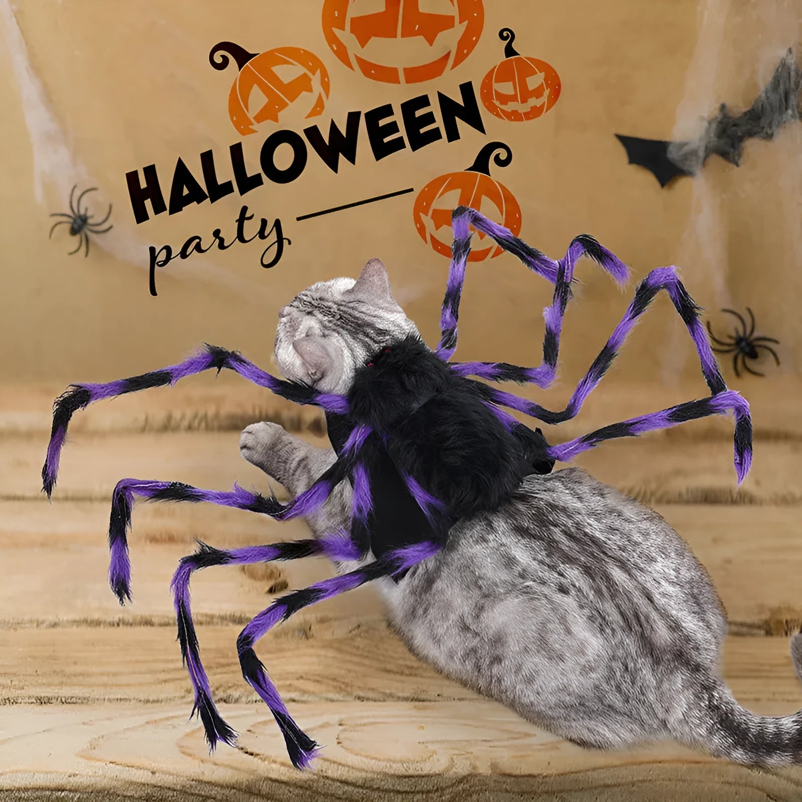 Grey polyester spider Halloween costume for a dog, shown in size M.