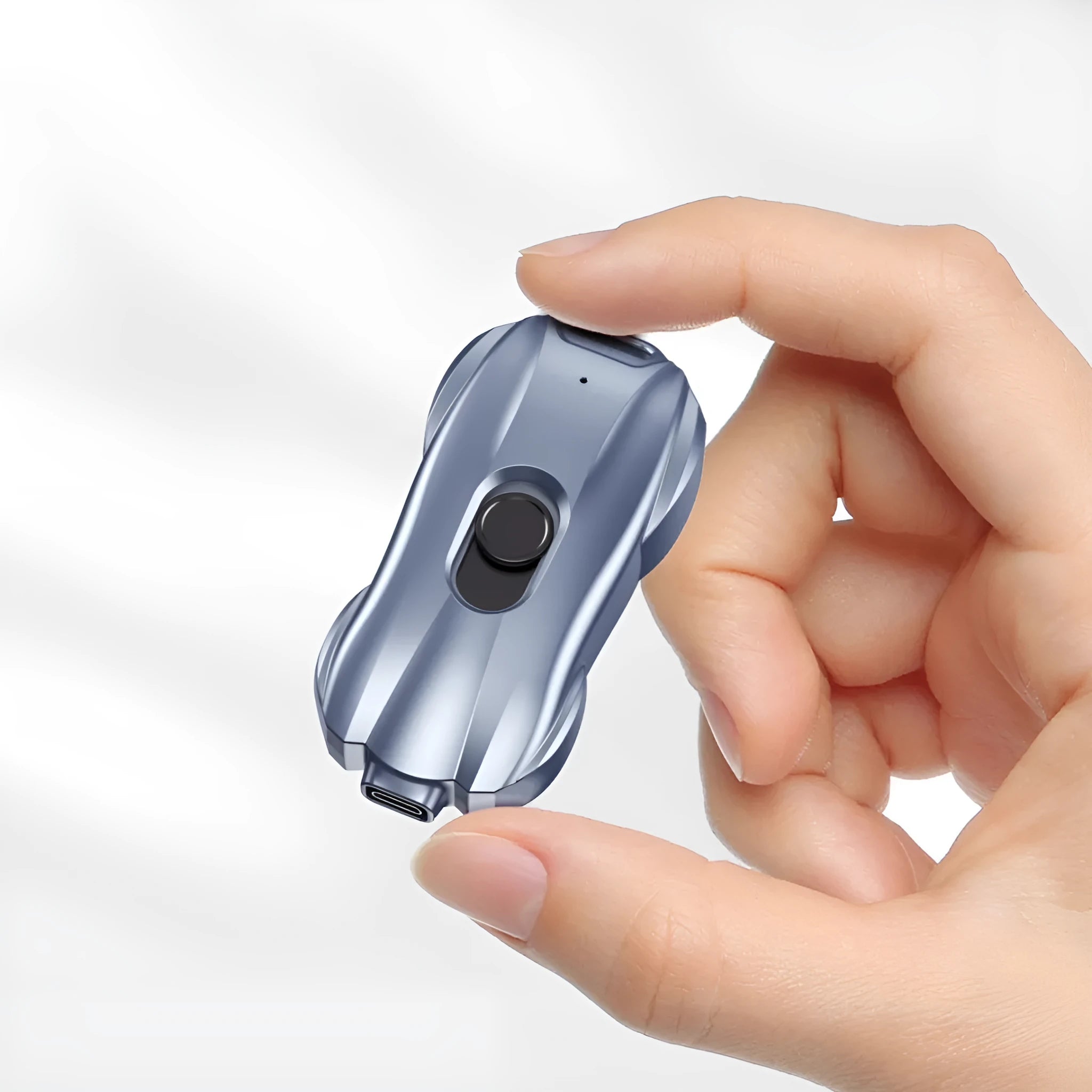 Mini keychain emergency power bank with sports car design in black and blue plastic shell