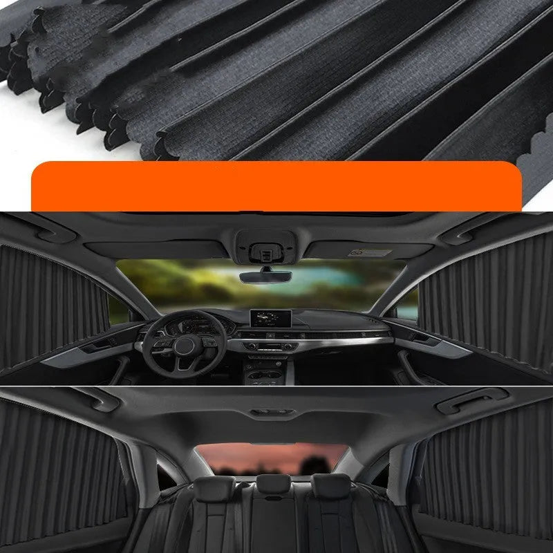 Auto retractable car sunshade curtain in roller shutter design showing gold, silver, and black colour options