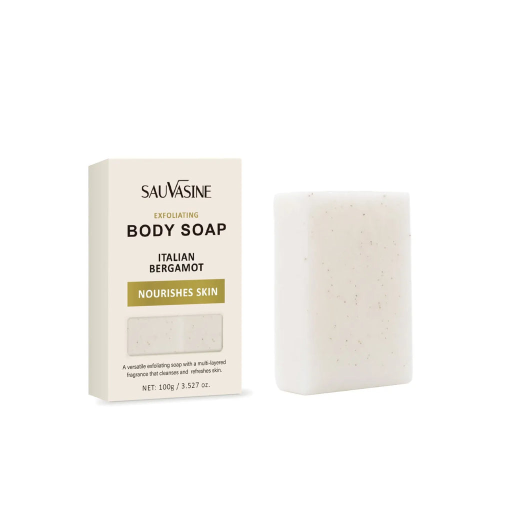 A single bar of exfoliating and moisturising bath soap for adult body cleansing.