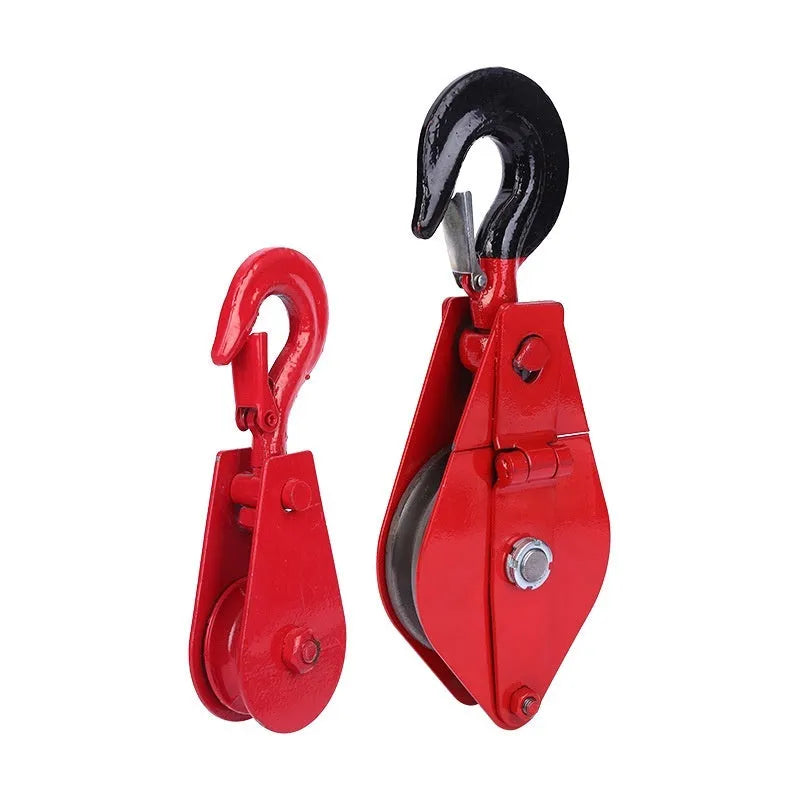 Red and galvanised A3 steel industrial lifting pulley with safety latch on hook.