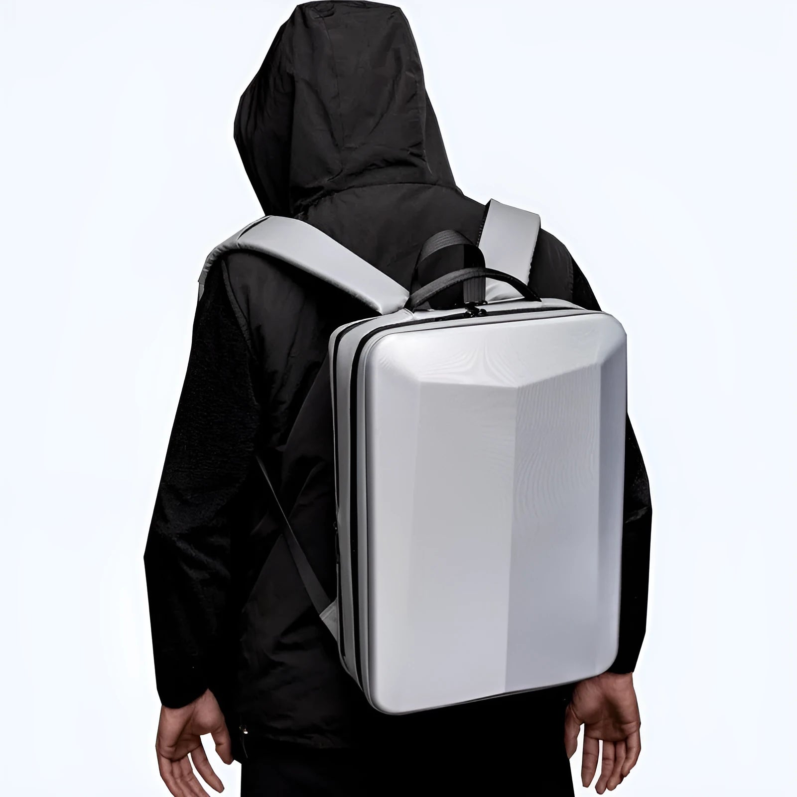 Men's black waterproof business backpack with curved shoulder straps shown from the side.