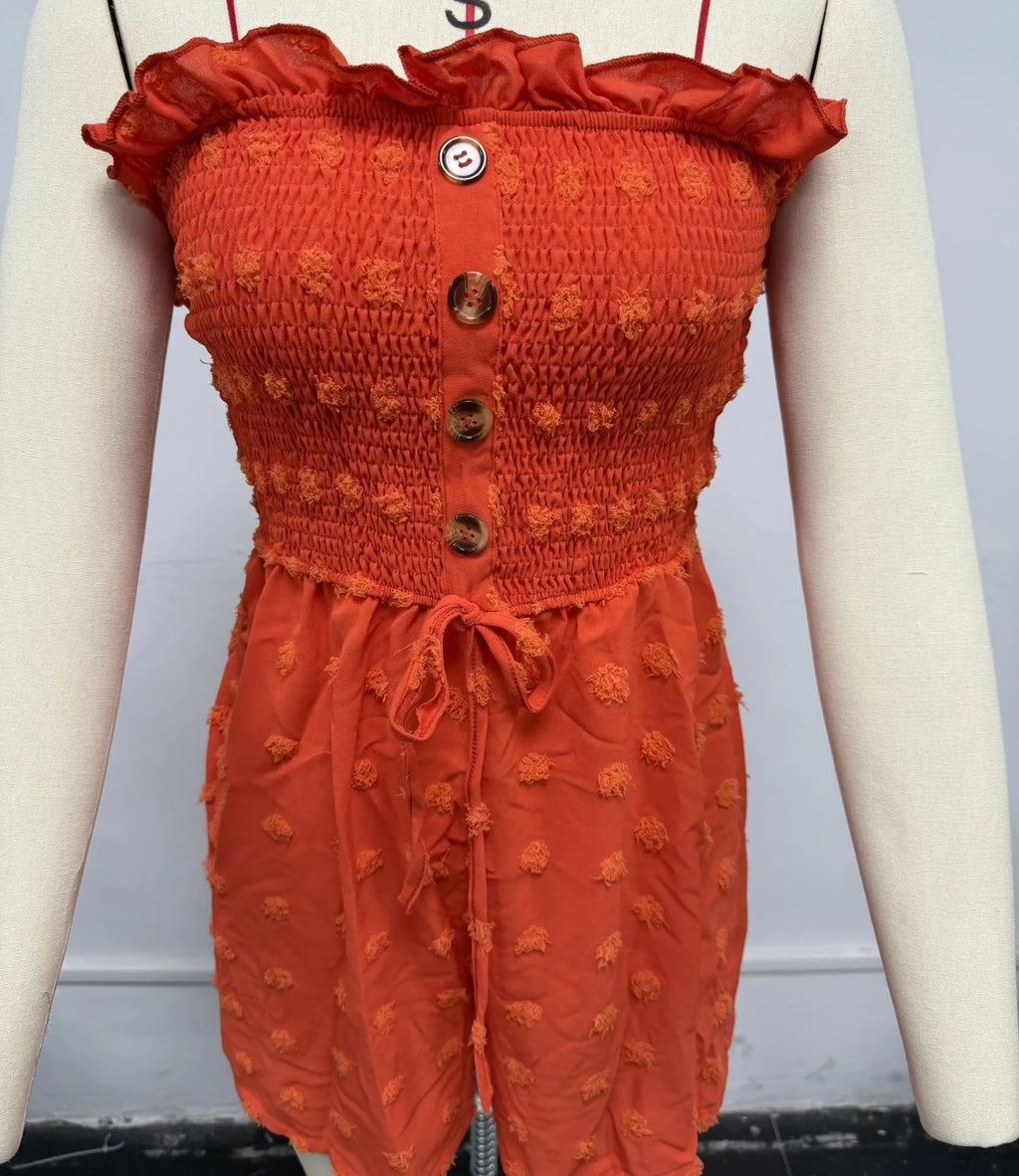 Women's solid colour off-shoulder jumpsuit with button front in polyester fabric with micro elasticity
