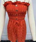 Women's solid colour off-shoulder jumpsuit with button front in polyester fabric with micro elasticity