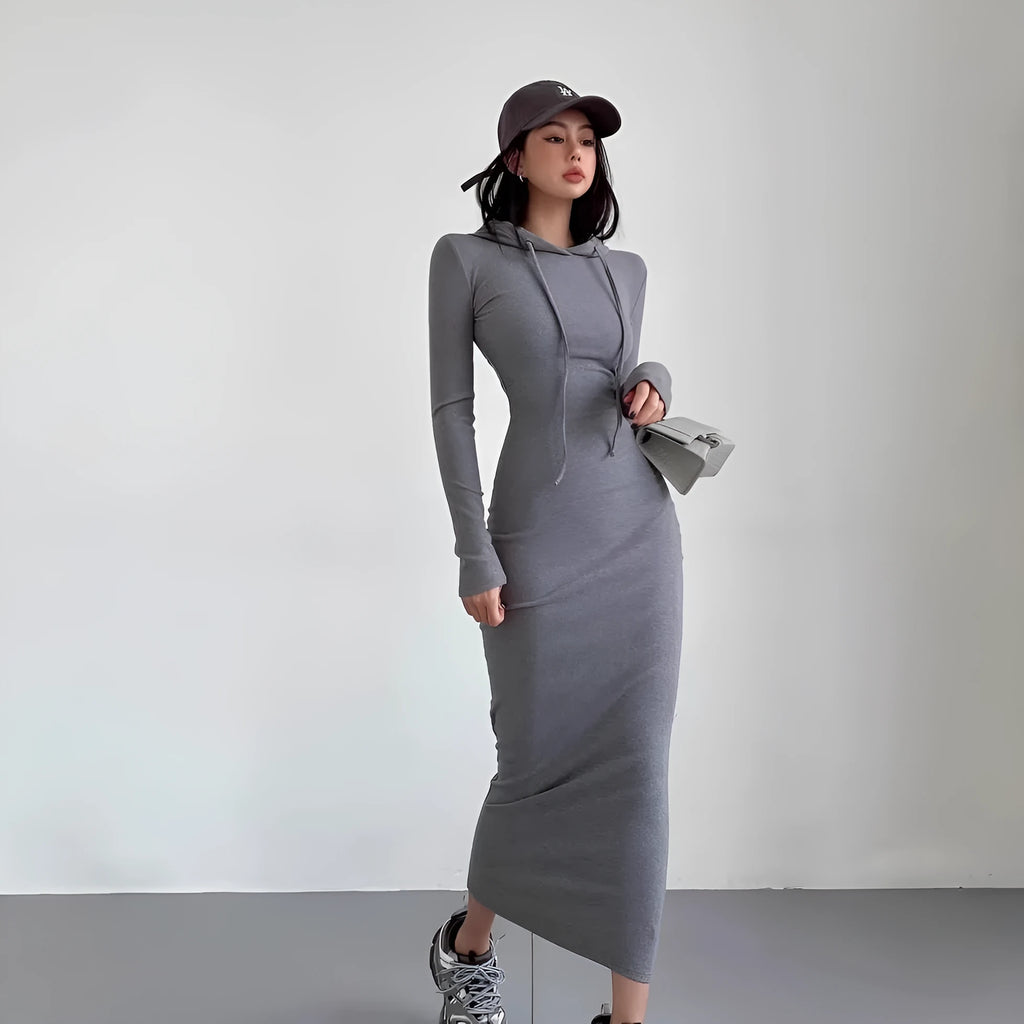 Women's grey hooded sheath dress with long sleeves and knee-length high-waist design