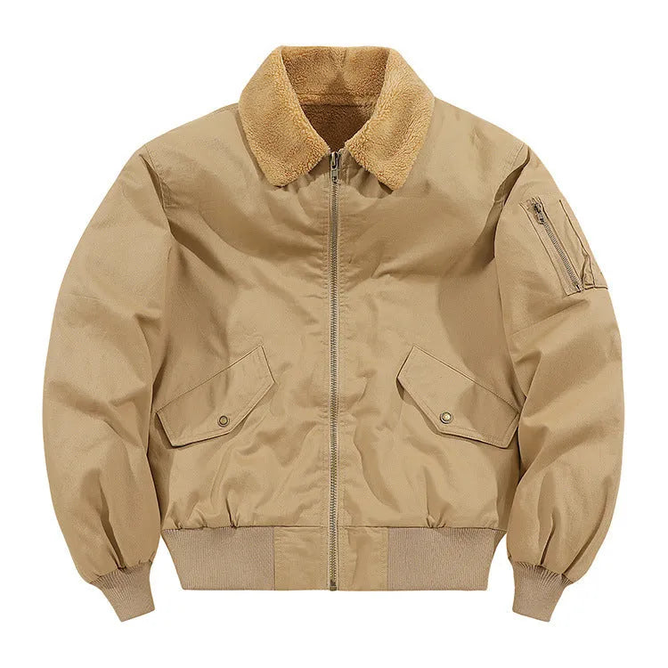 Men's fleece-lined washed cotton jacket in black, khaki or army green, loose thickened casual fit