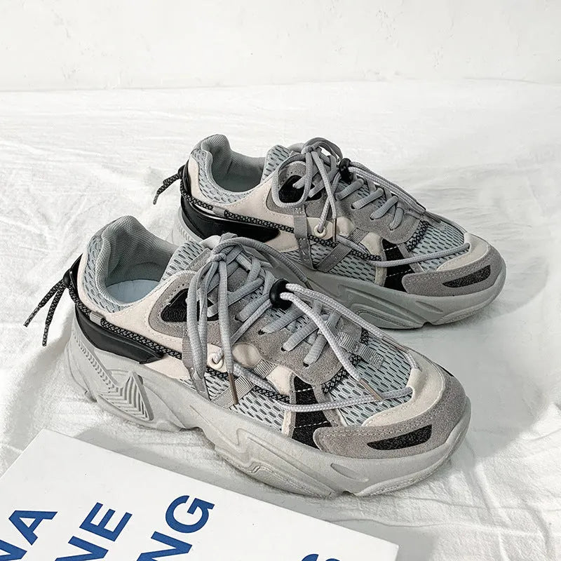 Men's Korean style platform dad shoes in black colour with lace-up front and mesh lining.