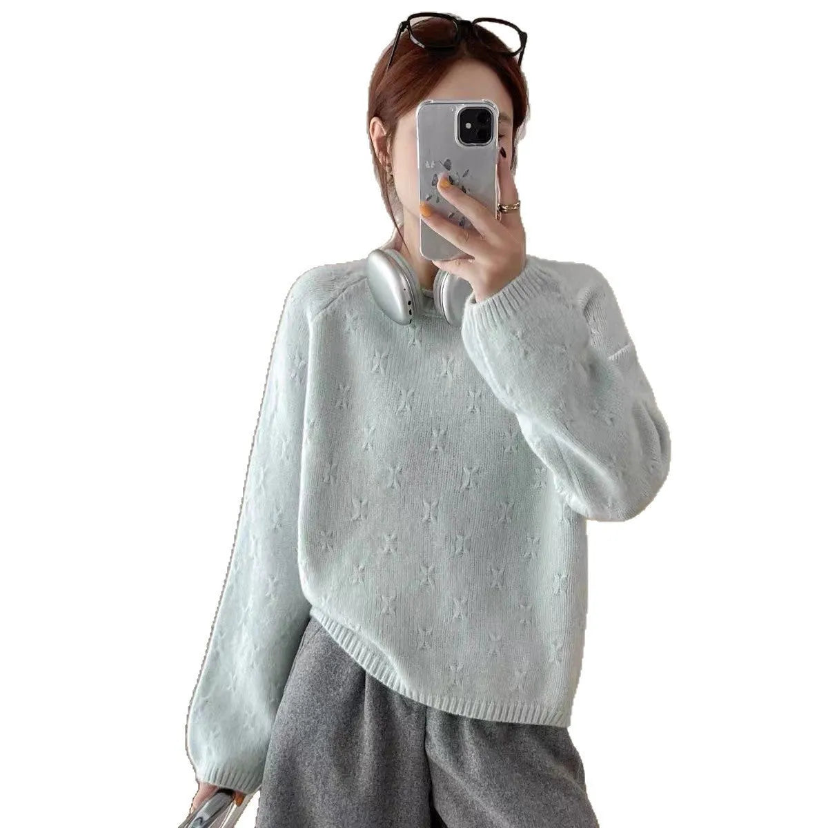 Women's loose fit Ice Silk sweater in gray with flower pattern and curling hem