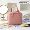 PU leather travel makeup bag in caramel mocha, 21x8x19cm, open to show compartments for cosmetics and toiletries