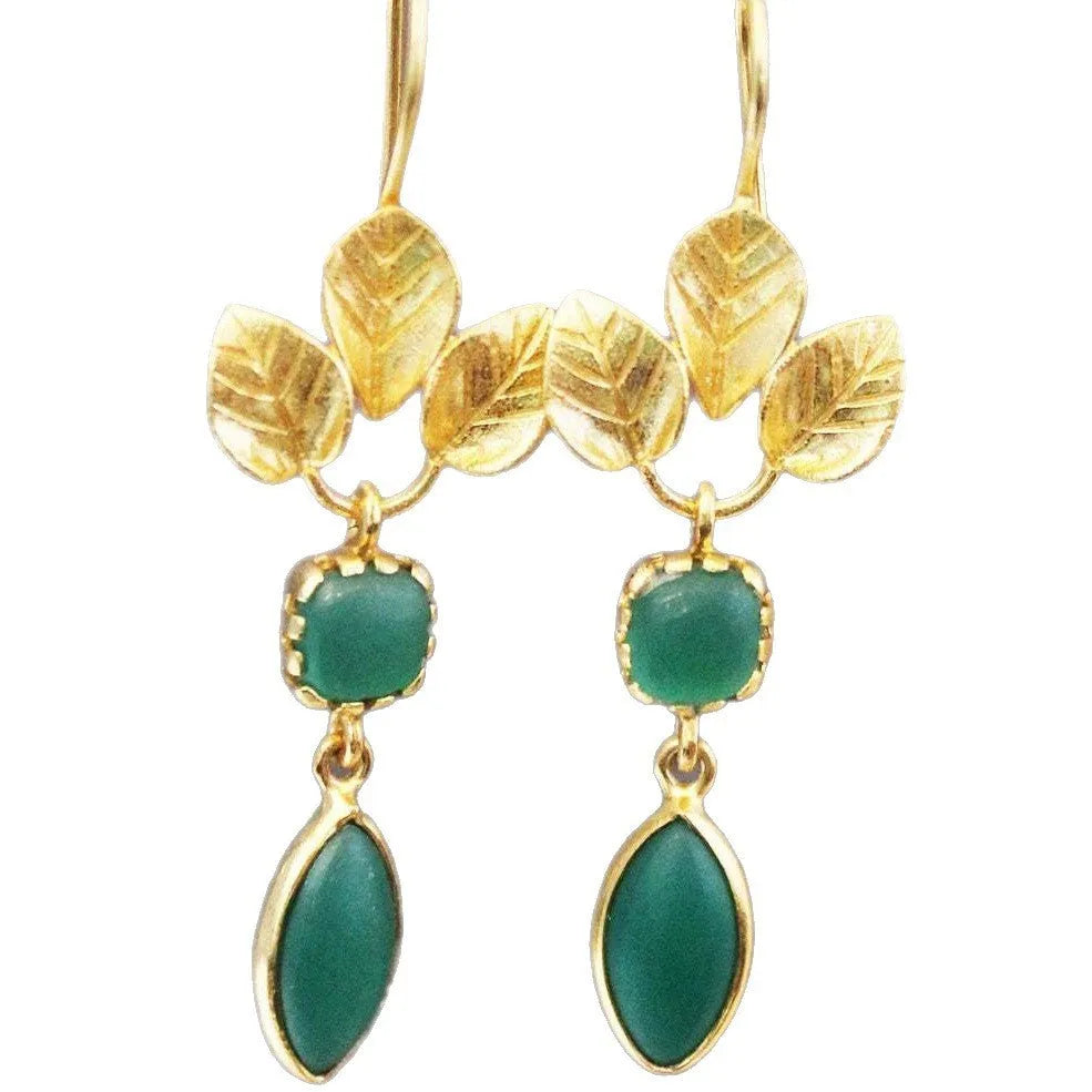 Gold retro French leaves tassel earrings with water drop zircon stones in a delicate drop shape.