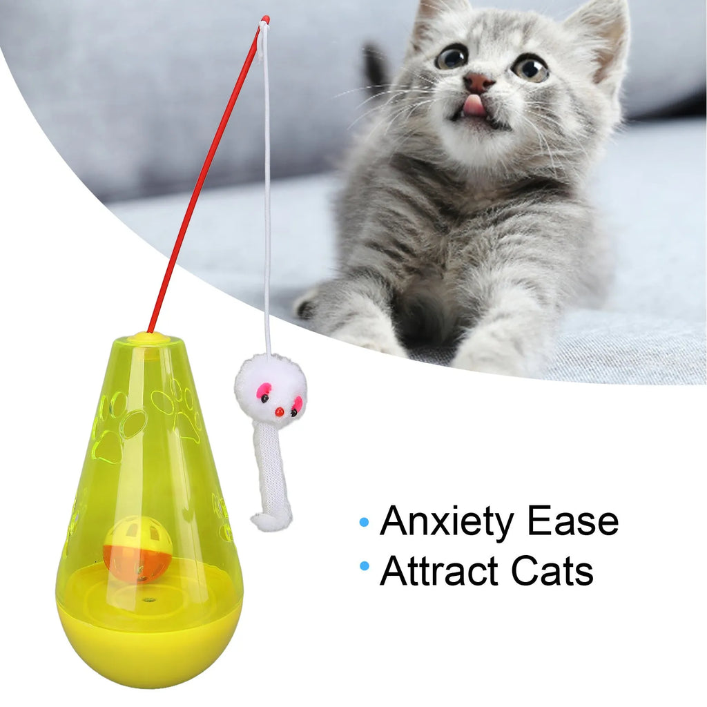 Blue and yellow cat toy with bell ball, slow feeder, and plush mouse stick for indoor cats