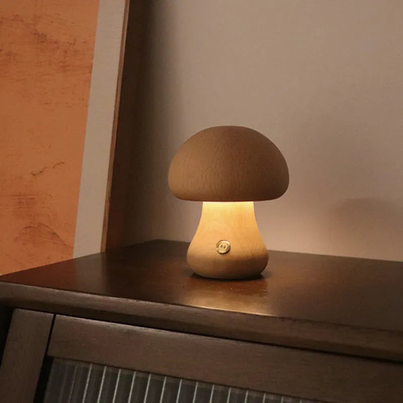 Wooden mushroom-shaped LED night light with touch switch on a bedside table, beech finish, 165 x 100 mm