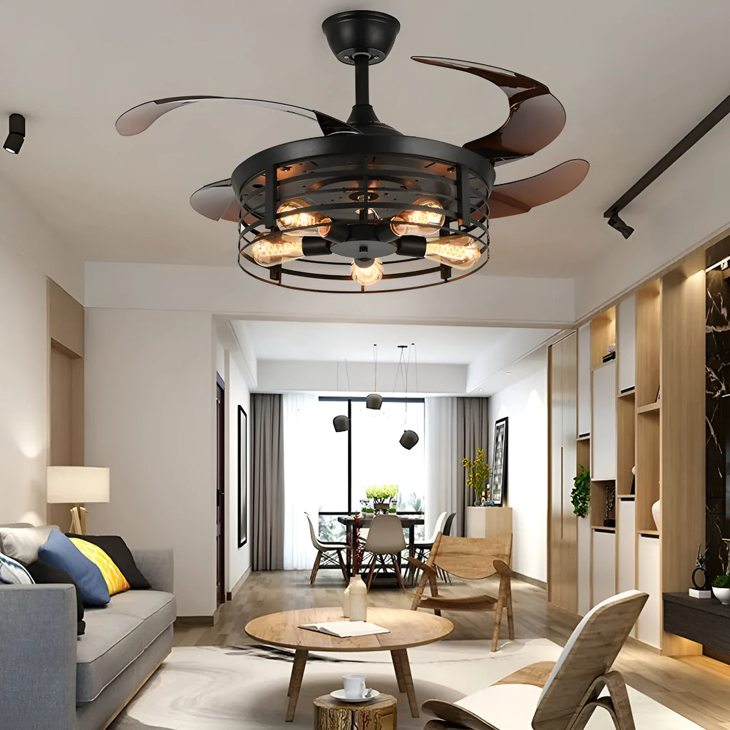 Industrial Wind American retro style ceiling fan lamp with acrylic blades and integrated light shade, remote control on side.