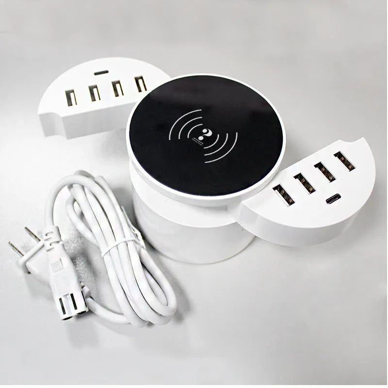 Ceramic white circular wireless charger with USB port and international plug adapters