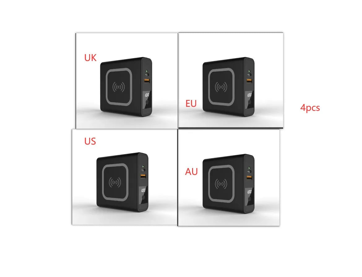 Black and white PD20W fast charging power bank with wireless capability and integrated plug