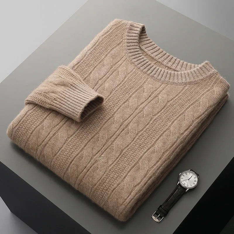 Men's double-strand thickened jacquard knitted sweater in raw velvet camel, loose fit pullover with long sleeves and textured knit pattern.