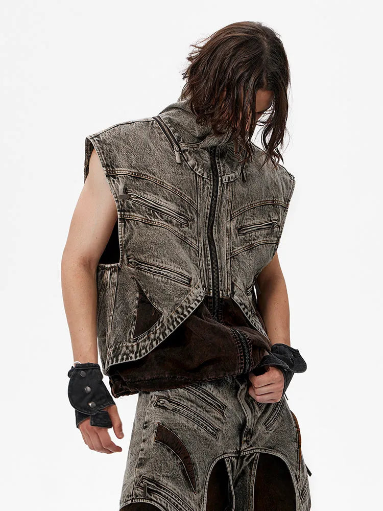 Men's denim vest jacket with front zipper, sleeveless design in cotton fabric
