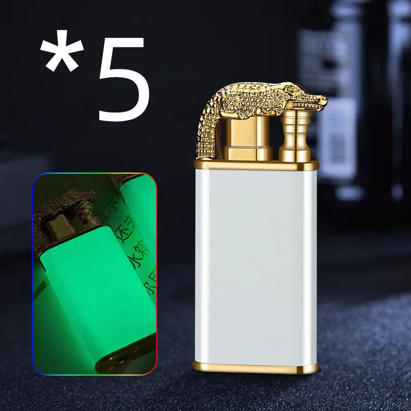 Creative blue flame lighter with windproof double fire and novelty dragon design, metal body