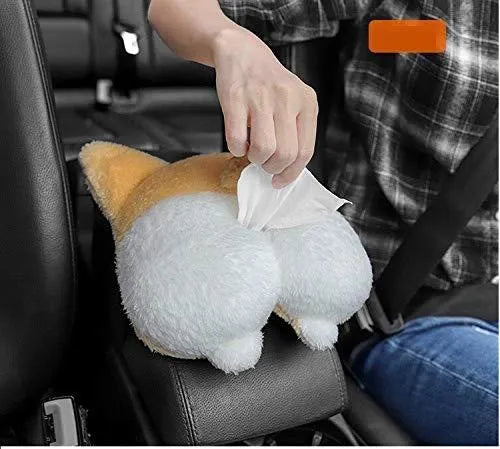 Yellow plush corgi butt-shaped tissue box cover with elastic strap for car sun visor