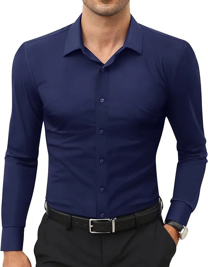 Men's long sleeve cardigan shirt in solid colour with polyester four-way stretch fabric, full elastic force construction