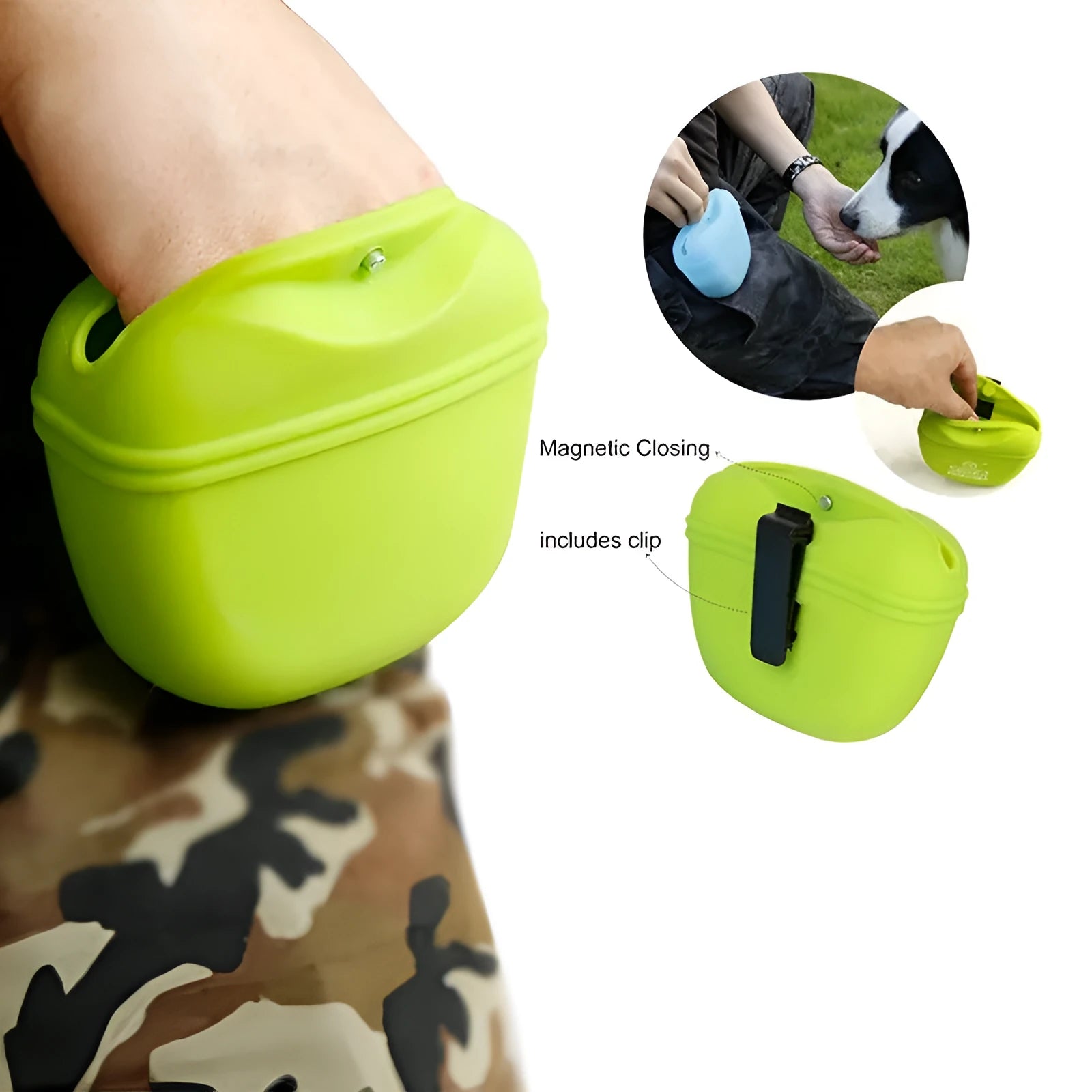 Silicone dog treat bag with belt clip shown in multiple colours