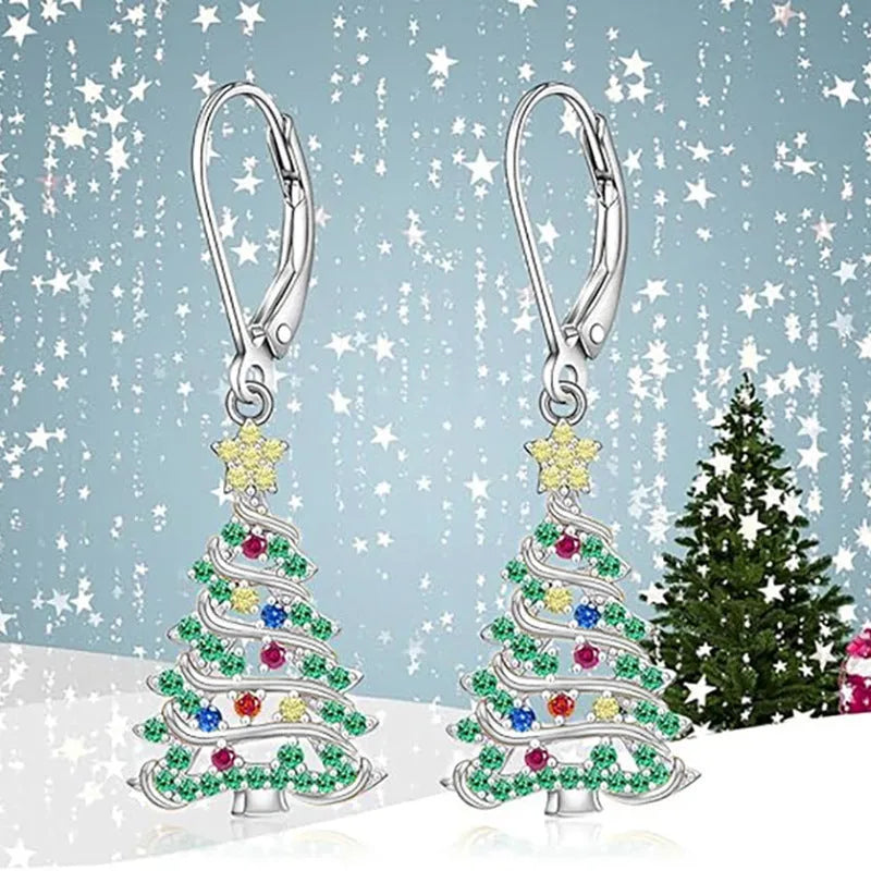Christmas tree earrings for women in star shape with white gold colour finish