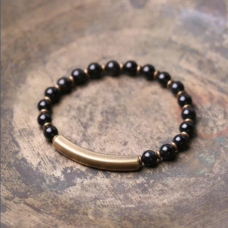 Layered retro ethnic bracelet with water plants agate, red stone, and brass components in unisex design