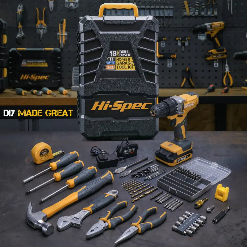 82-piece grey-yellow tool set for furniture installation with chrome-vanadium steel tools in storage case