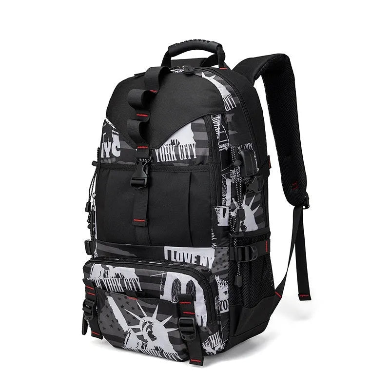 Men's waterproof Oxford cloth hiking backpack showing 56-75L capacity and air pillow belt system in black colour option
