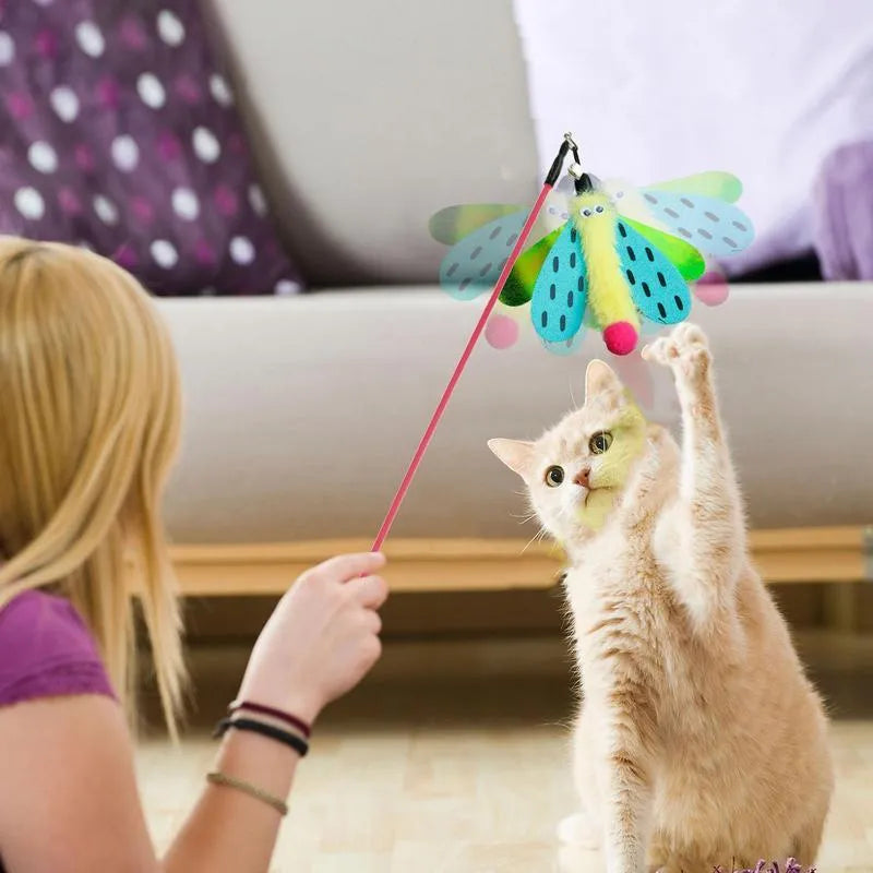 Blue cat wand toy with dragonfly attachment and bell on a 49cm stick