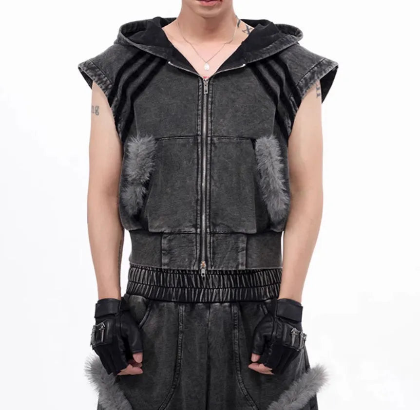 Korean style hooded sleeveless vest and trousers set with washed and worn stitching fur in black and grey