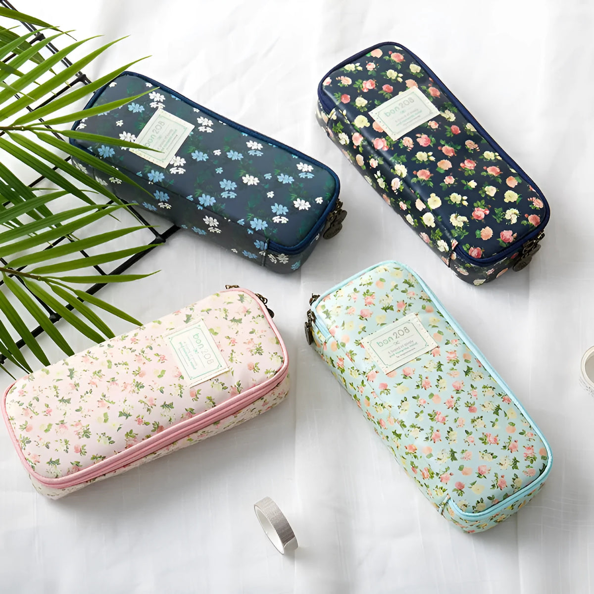 Canvas pencil case storage bag 190x80x40mm in Korean floral or solid colours, for stationery.