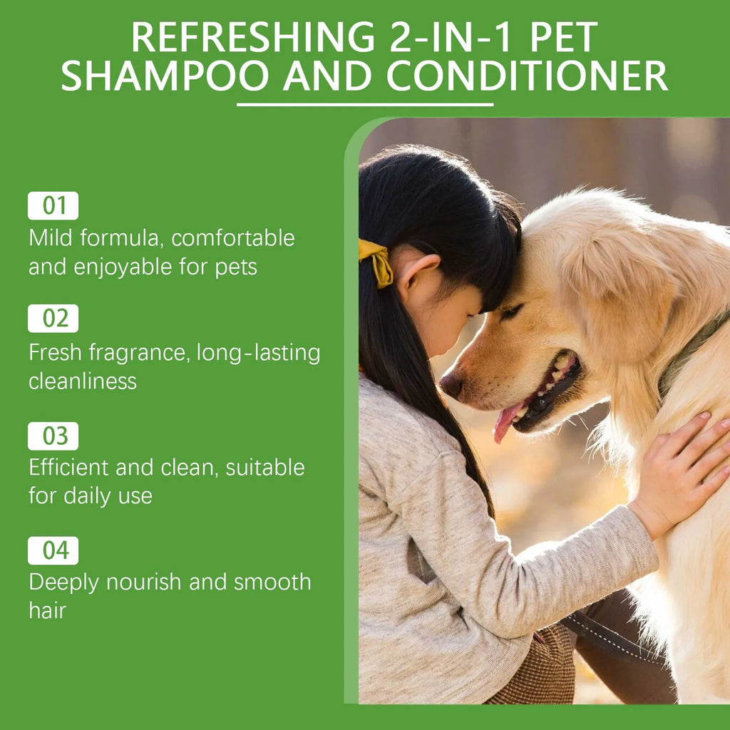 100ml bottle of 2-in-1 pet shampoo and shower gel with a gentle, sulphate-free formula for dogs and cats.