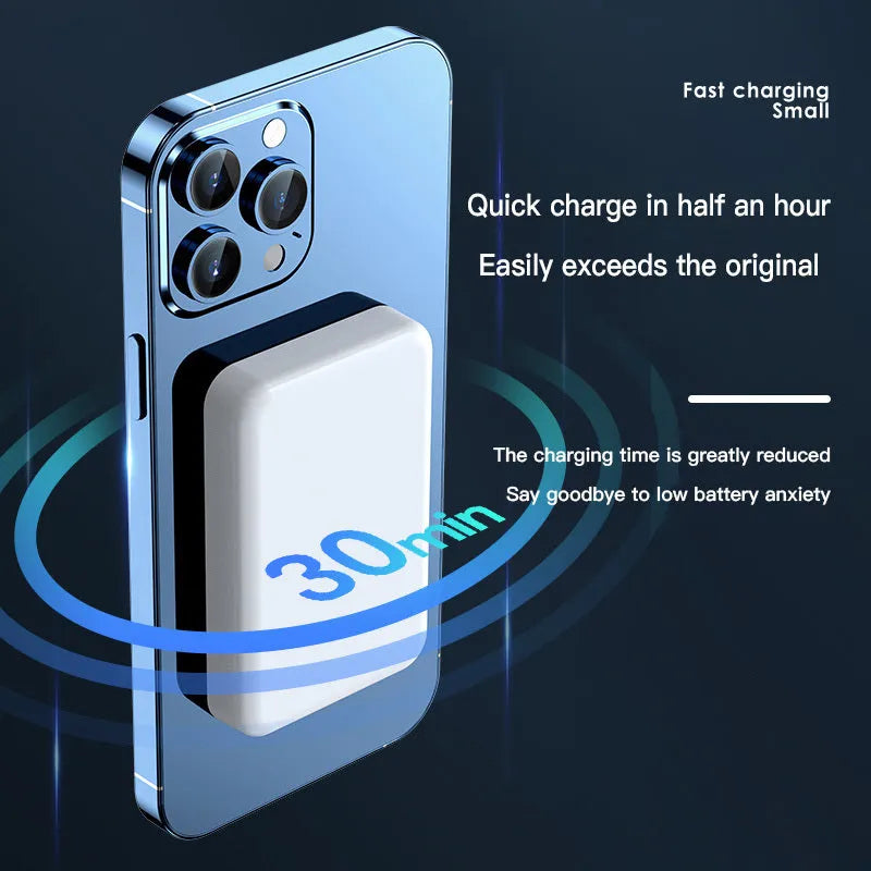 Pink magnetic wireless power bank showing dimensions and plastic shell.