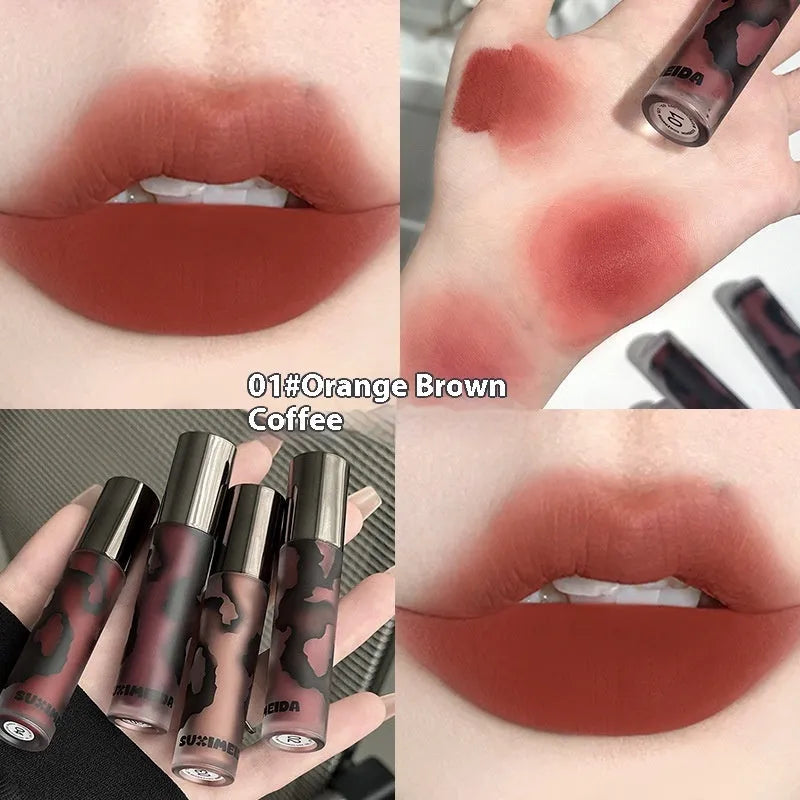 Lava Secret Matte Lip Mud Lipstick in five colours: Orange Brown Coffee, Cool Gray, Cinnamon Coffee, Jujube Red, Smoked Purple.