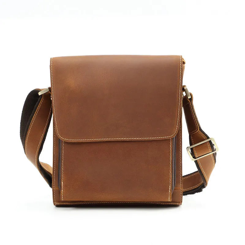 Top layer cowhide leather single-shoulder crossbody bag for men, solid colour Brown 209, retro style