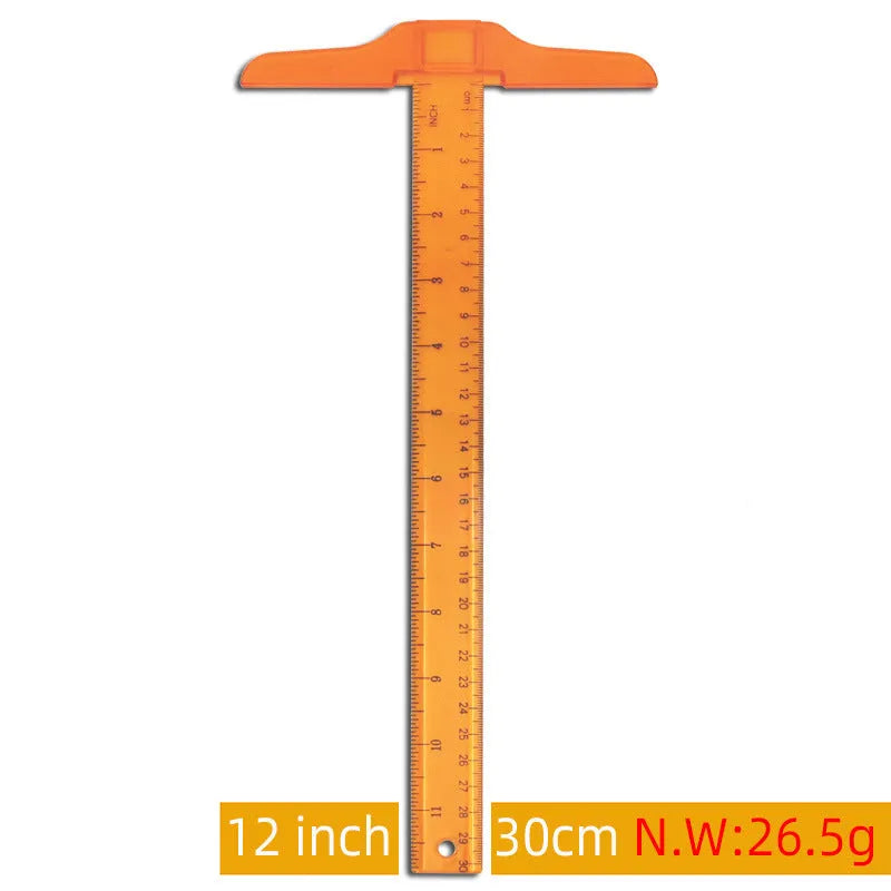30cm plastic T-shaped ruler in transparent or orange yellow with double centimetre scale