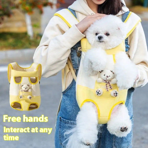 Cartoon animal pattern pet carrier chest bag in soft canvas with decorative ribbon and colourful stitching