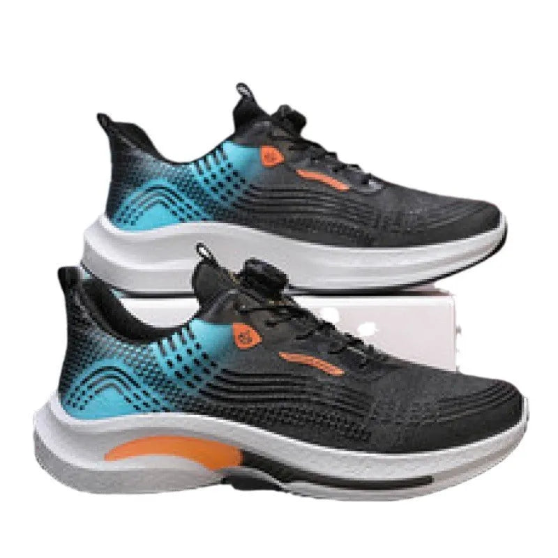 Men's low-top sneaker in black and blue colour with a rotating buckle closure and mesh upper.