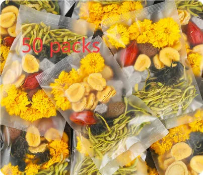 Box of Honeysuckle Chrysanthemum Tea sachets with a free tea cup, showing bulk packaging options.