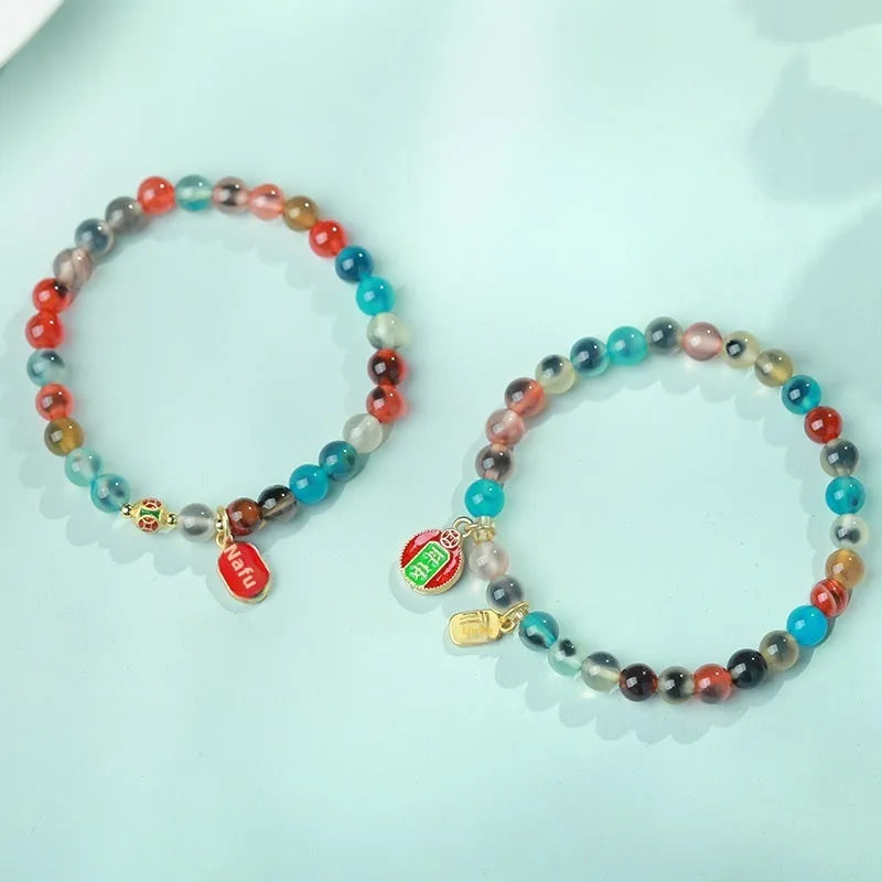 Women's agate and coloured glaze copper coin snake bracelet in geometric style with manual craftsmanship