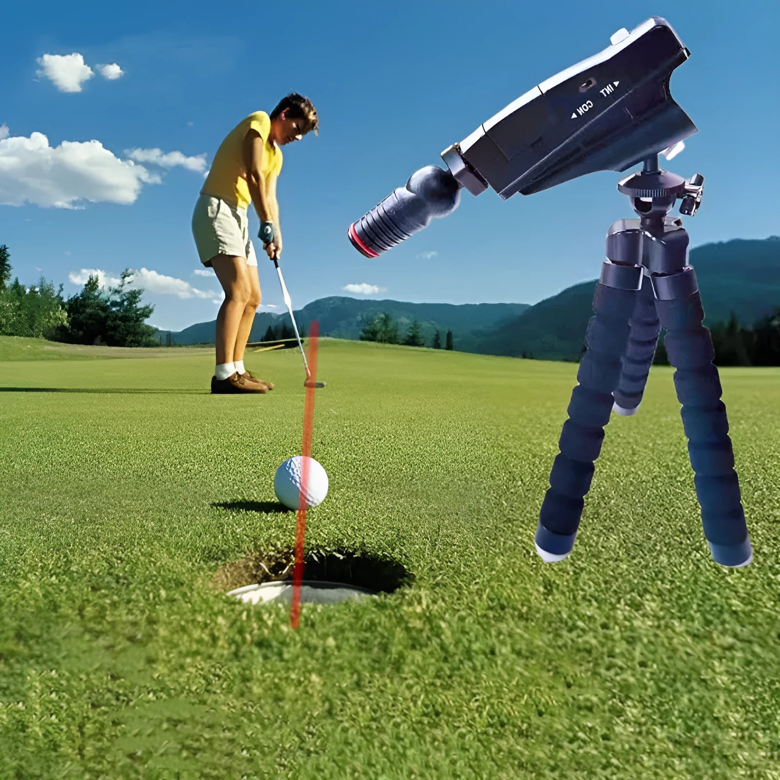 Golf putter laser aiming instrument accessory shown with style options including laser sight, zipper box, and tripod.