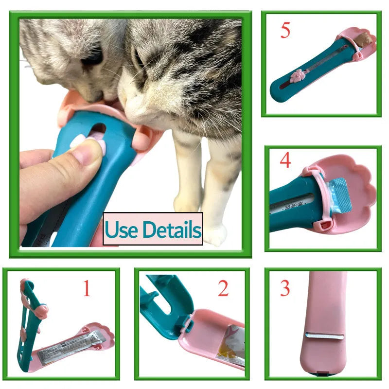 Pet feed spoon squeezer with food scoop design in green and pink two-tone colour options