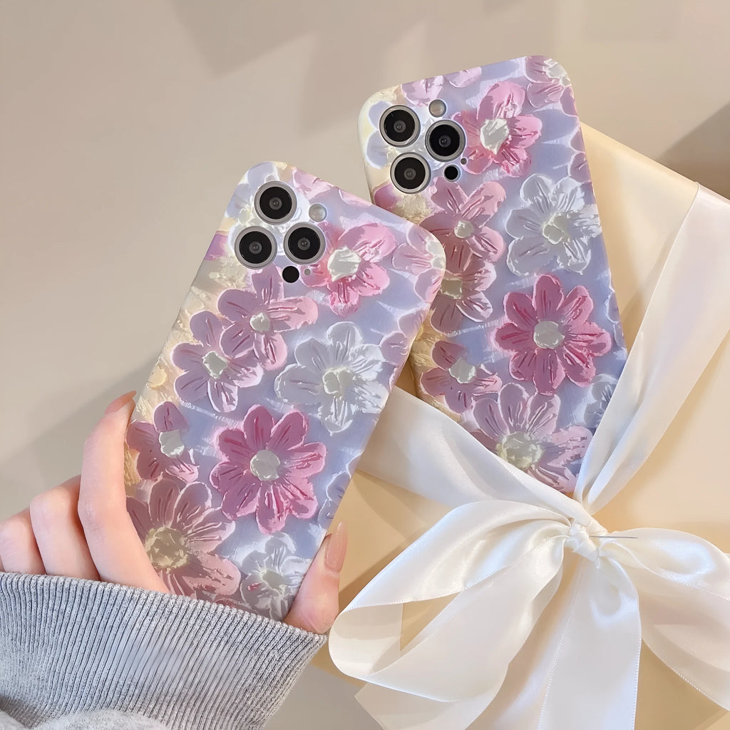 Pink flower silicone iPhone case with liquid oil painting design, rear cover type