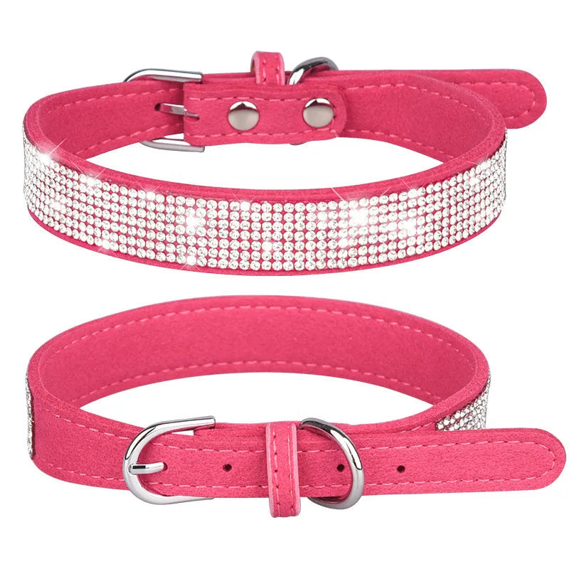 Shiny rhinestone dog collar in microfiber leather with bling diamond buckle, available in multiple colours and sizes